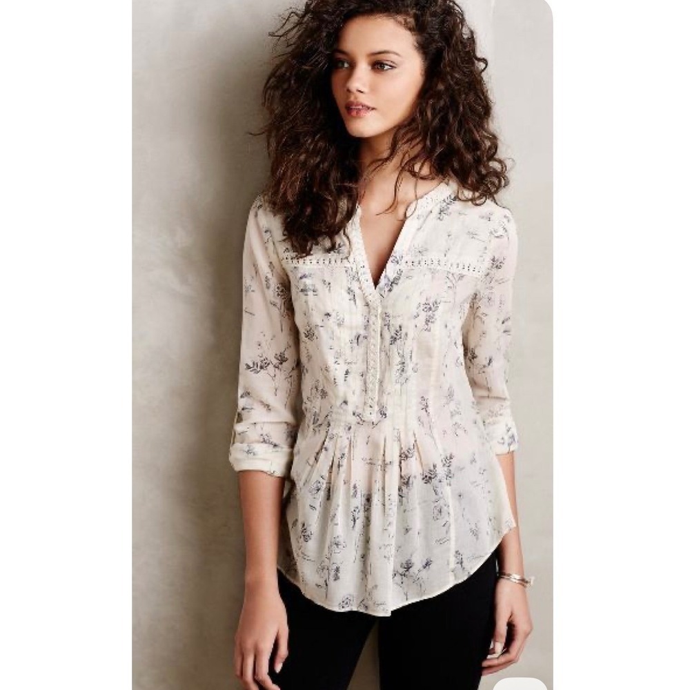 Maeve Abella Pintuck Botanic Sketch Blouse Sz 2 Boho Crochet Trim